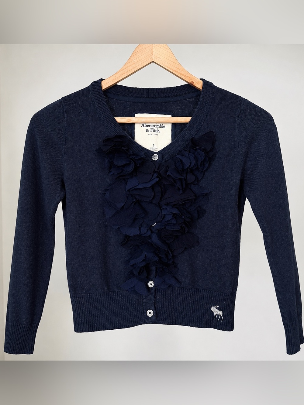 Abercrombie & Fitch Floral Ruffle Cardigan Navy Blue Button Front Sweater Size S